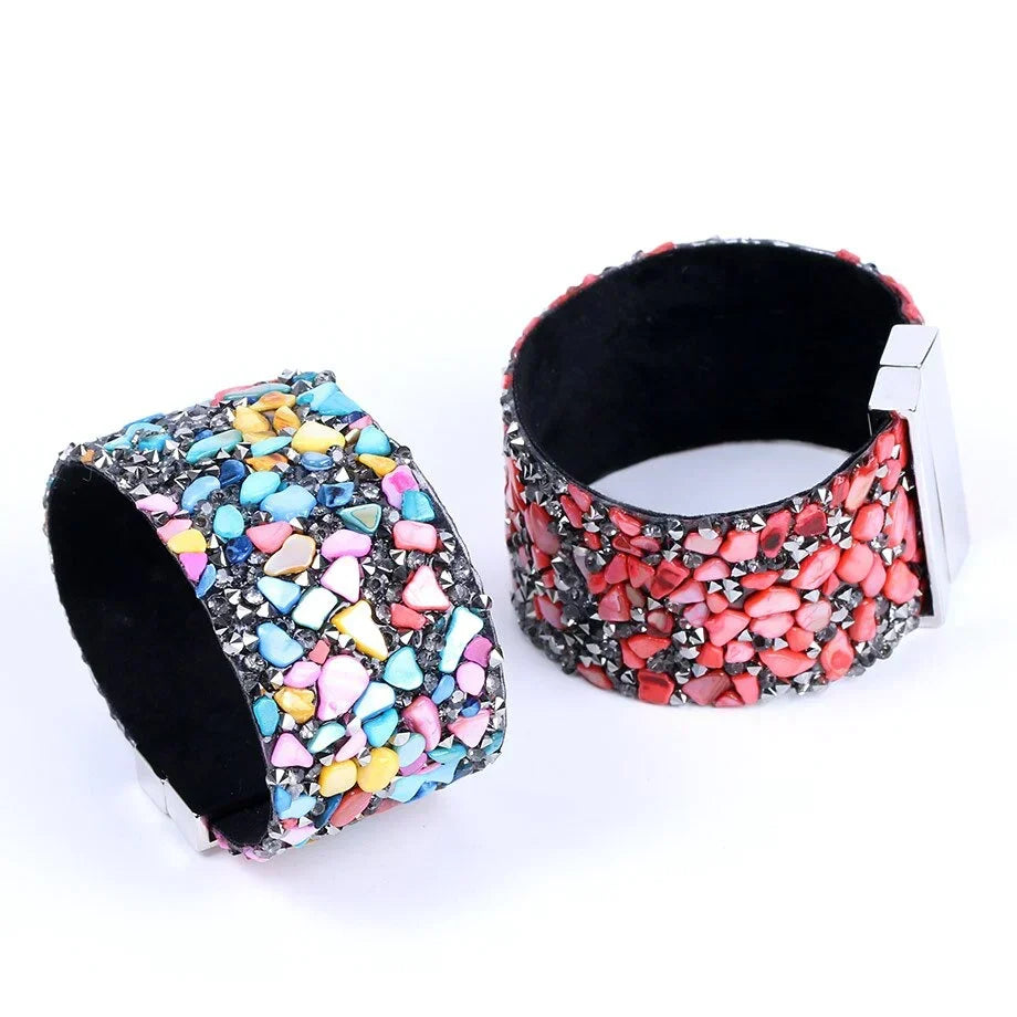 Stylish unisex natural stone & crystal leather bracelet, adjustable. Perfect for a boho look.