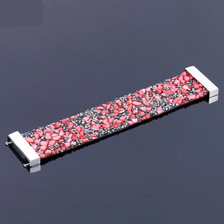Boho-chic natural stone & crystal beaded leather bracelet. Adjustable fit for unisex style.