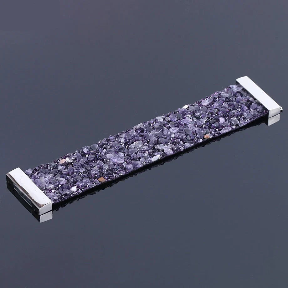 Vibrant natural stone & crystal beads on a genuine leather strap. Stylish unisex adjustable bracelet.