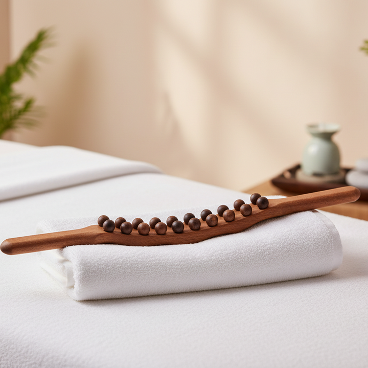 Unisex natural wood Gua Sha massage stick for muscle relief, soreness, and improved circulation.