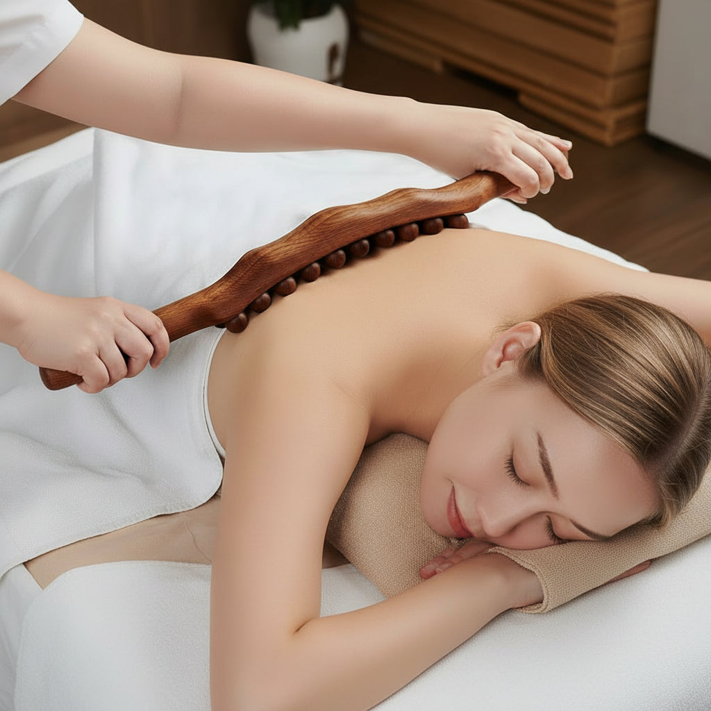 Ergonomic wooden Gua Sha tool for deep tissue massage, muscle relaxation, and self-care.