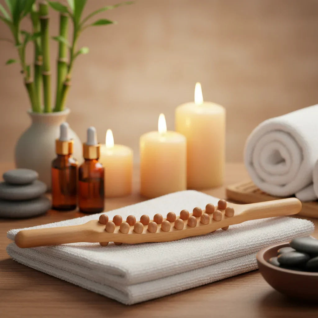 Smooth wooden Gua Sha stick for body therapy, promoting circulation & stress relief.