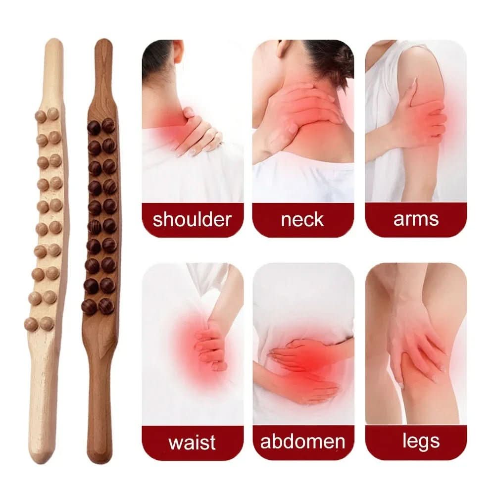 Natural wood Gua Sha massage stick for stimulating blood flow and reducing muscle tension.