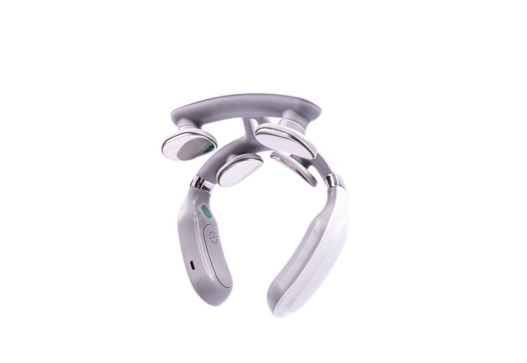 Portable neck & shoulder massager for cervical pain relief. Features heat & vibration for stress & muscle relaxation.