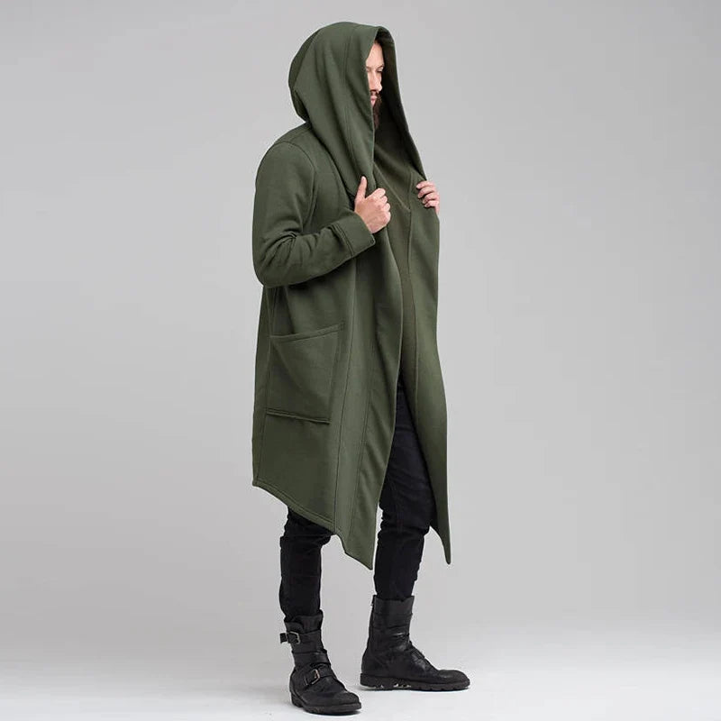 Stylish Nightfall unisex coat with a draped hood, deep pockets, and a relaxed fit for versatile outerwear.