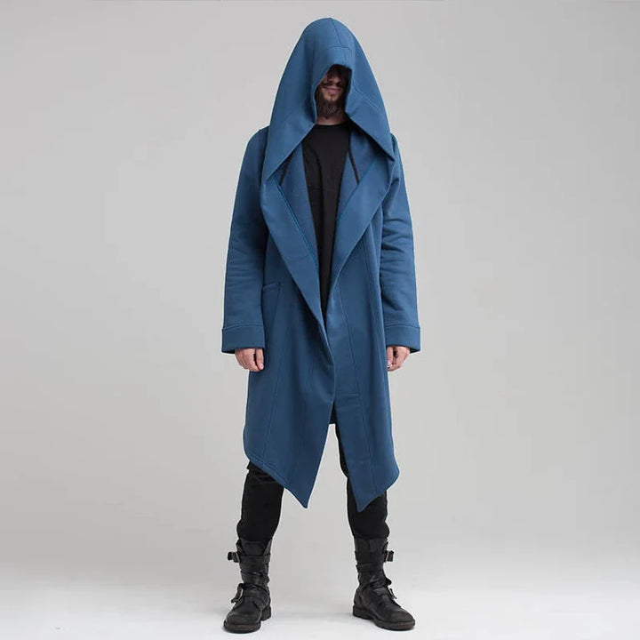 Minimalist Nightfall unisex hooded outerwear. Draped coat with a relaxed fit, offering stylish comfort.