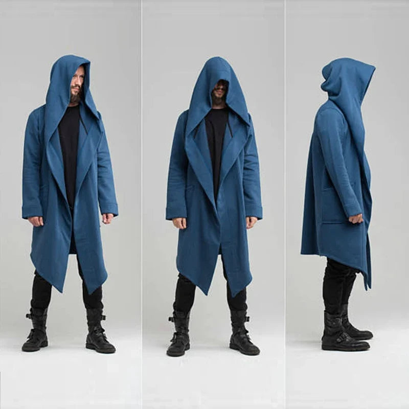 Dark Nightfall unisex coat with draped hood, relaxed fit, and deep pockets. Stylish and comfortable outerwear.