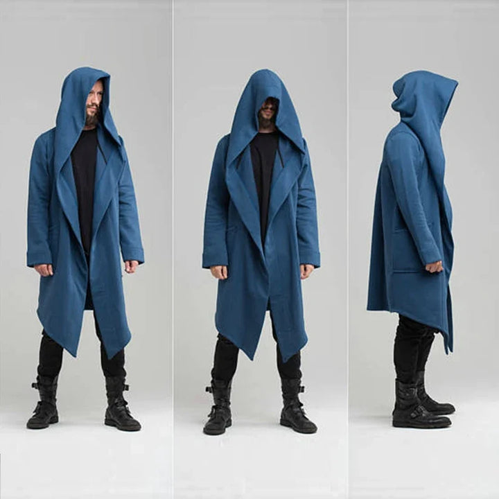 Dark Nightfall unisex coat with draped hood, relaxed fit, and deep pockets. Stylish and comfortable outerwear.