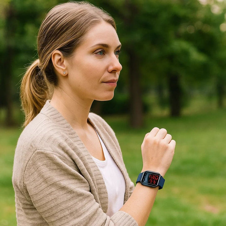 Pain-free glucose monitor smartwatch. Unisex wearable tech for non-invasive blood sugar tracking & diabetes management.