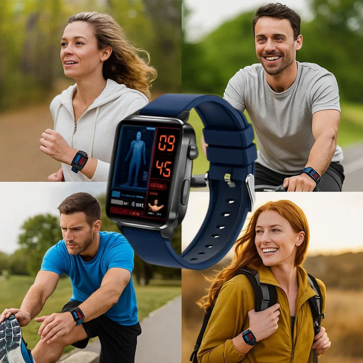 Health management smartwatch for diabetes. Non-invasive glucose tracker & blood sugar monitor for adults. Wearable tech.