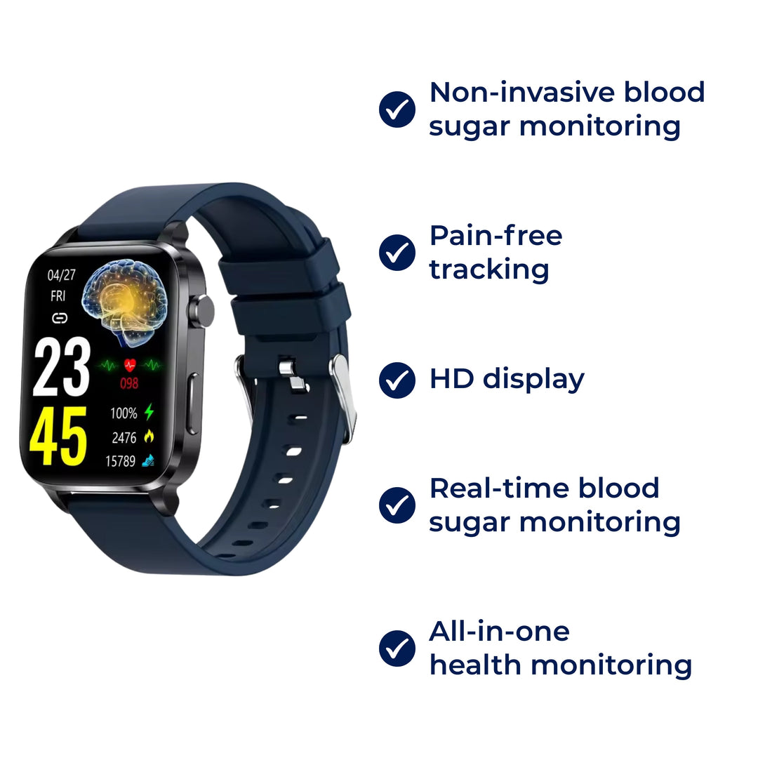 Smartwatch with non-invasive glucose monitoring. Unisex health tracker for pain-free blood sugar insights & diabetes care.