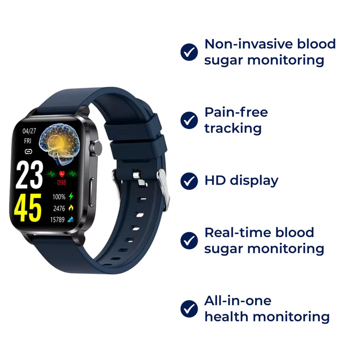 Smartwatch with non-invasive glucose monitoring. Unisex health tracker for pain-free blood sugar insights & diabetes care.