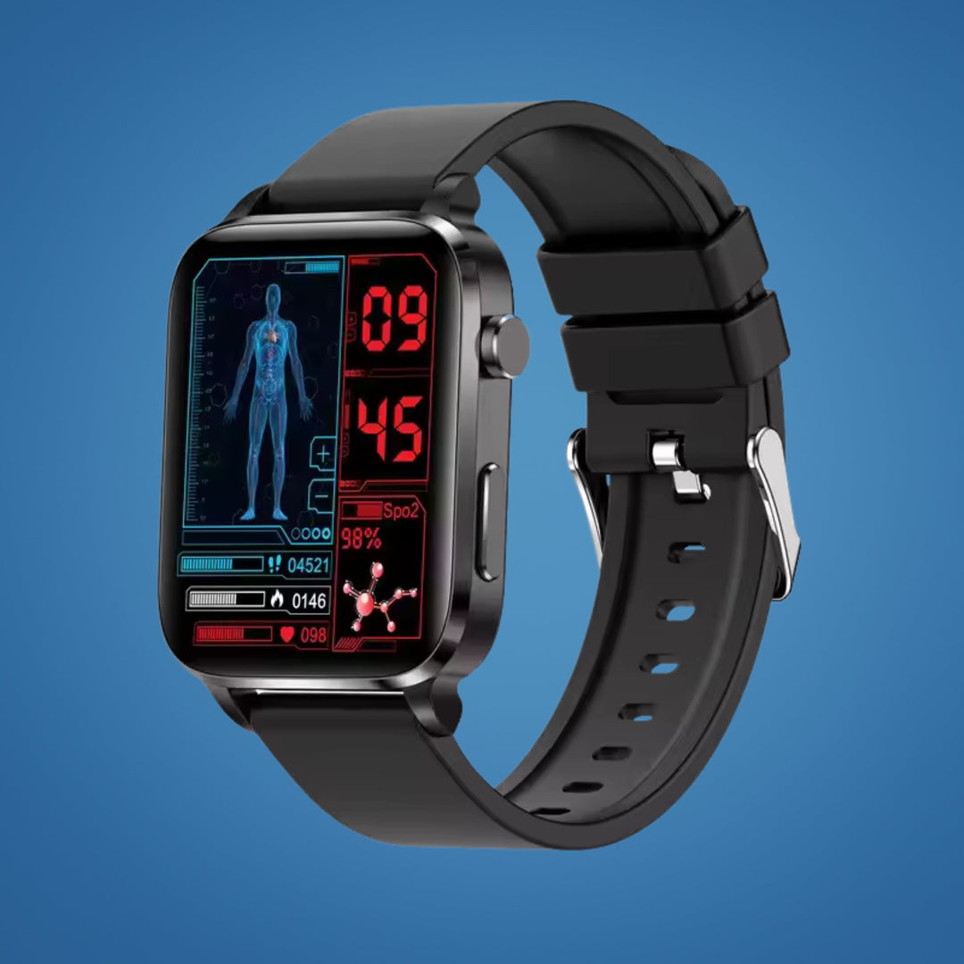 Unisex non-invasive diabetes smartwatch. Adults can track blood sugar pain-free with this smart glucose monitor & health device.