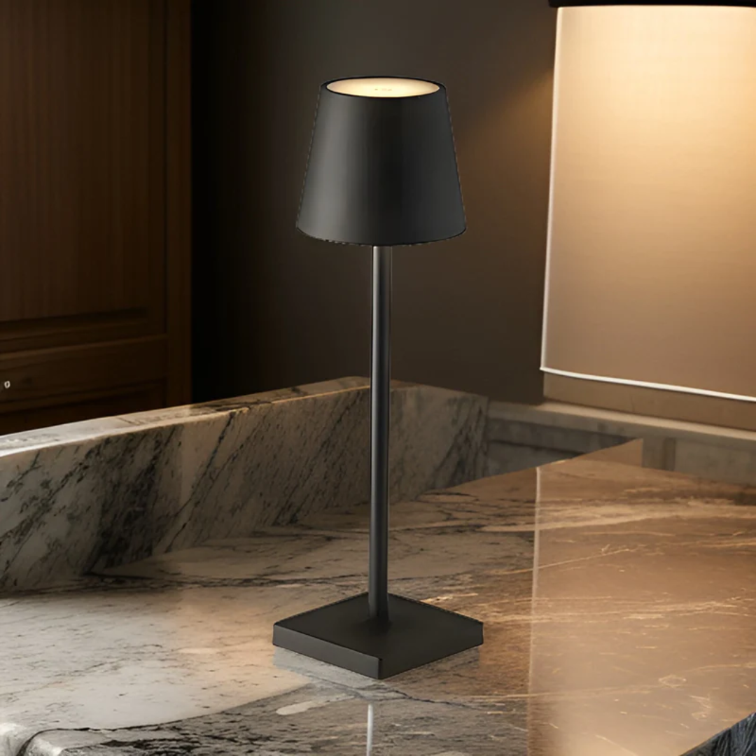 Modern wireless LED lamp, rechargeable and portable, great for outdoor patio, balcony, or garden ambiance.