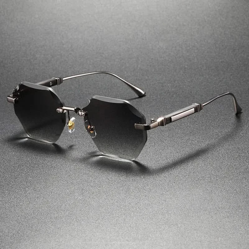 Gold-tone octagonal rimless sunglasses, offering modern style and all-day comfort.