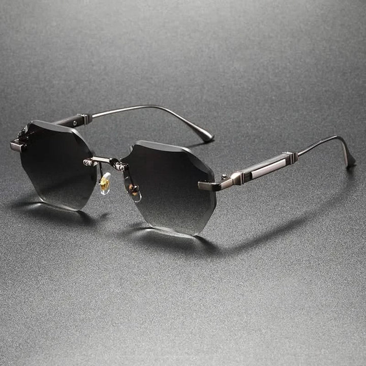 Gold-tone octagonal rimless sunglasses, offering modern style and all-day comfort.