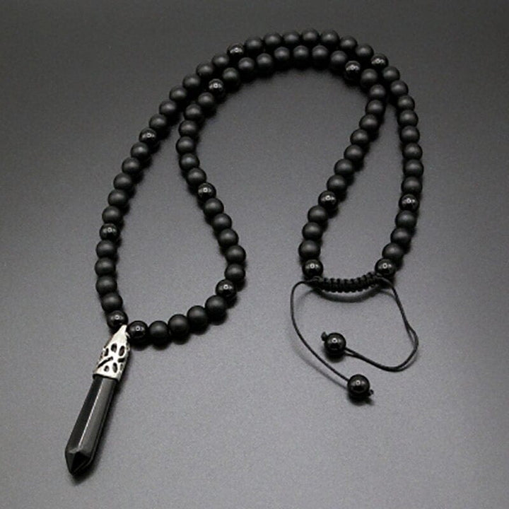 Unisex Onyx Mala Necklace for meditation & protection, featuring natural black onyx gemstones.