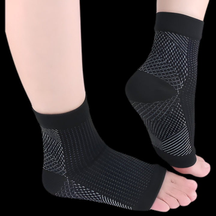 Detail of unisex open-toe compression socks providing neuropathy relief, non-slip comfort & circulation support.