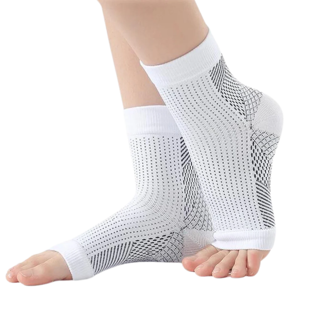 Unisex open-toe compression support socks for daily comfort and foot relief. Ideal for standing & walking.
