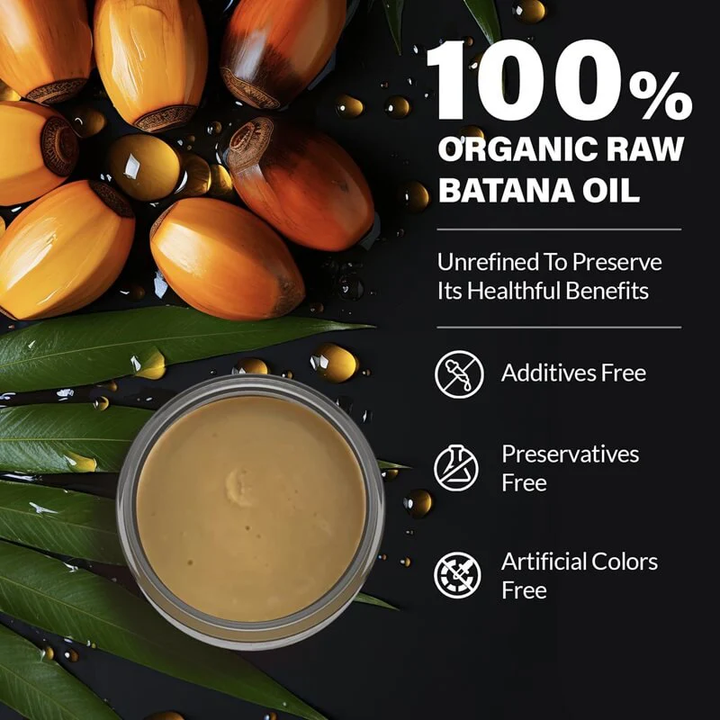 Close-up of rich, Organic Raw Batana Oil in a jar, promoting natural hair growth, repair, and a healthy scalp.