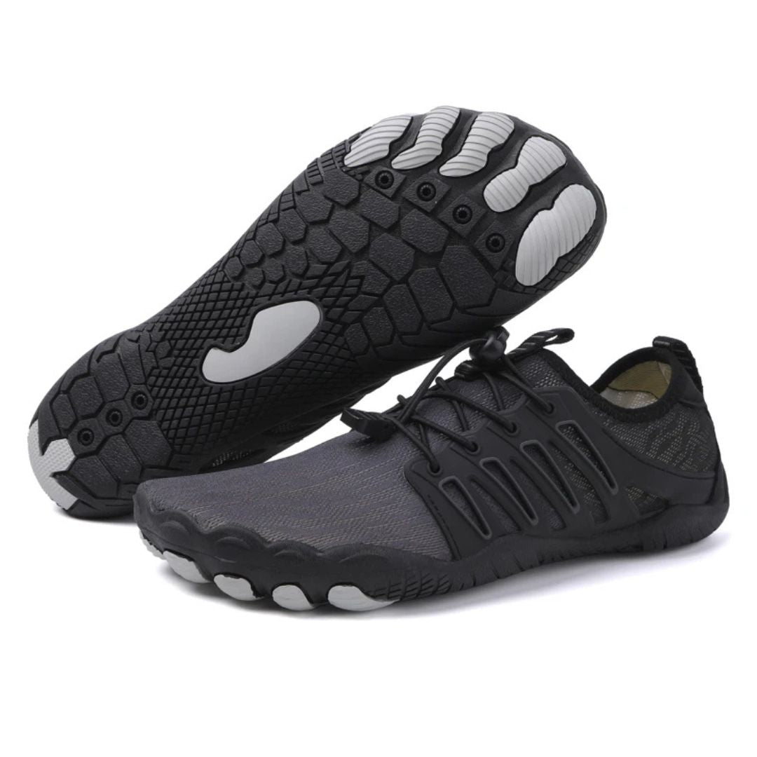 Barefoot orthopedic shoes with flexible sole & wide toe box for natural walking & foot health.