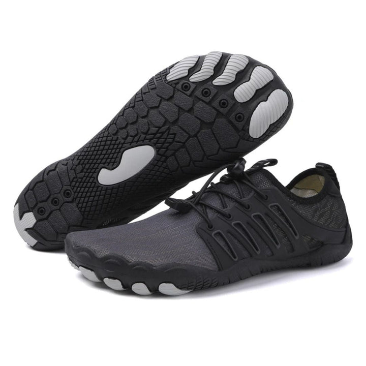 Barefoot orthopedic shoes with flexible sole & wide toe box for natural walking & foot health.