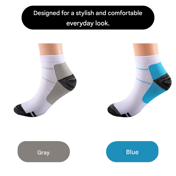 Pair of black unisex VitalStep orthopedic compression socks, promoting foot health & comfort all day long.