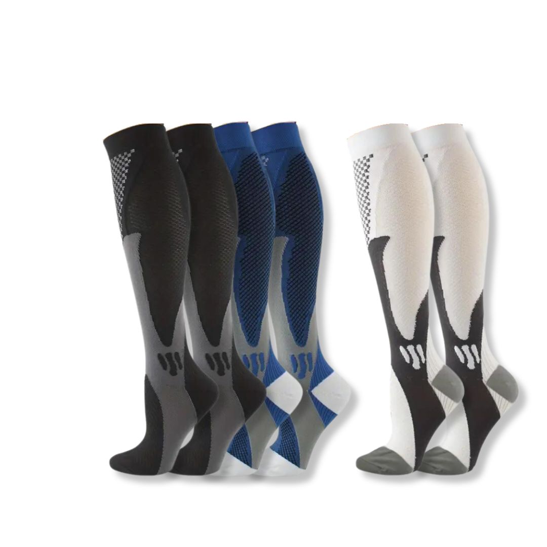 Durable unisex compression socks for active lifestyles, aiding muscle recovery & preventing swelling.