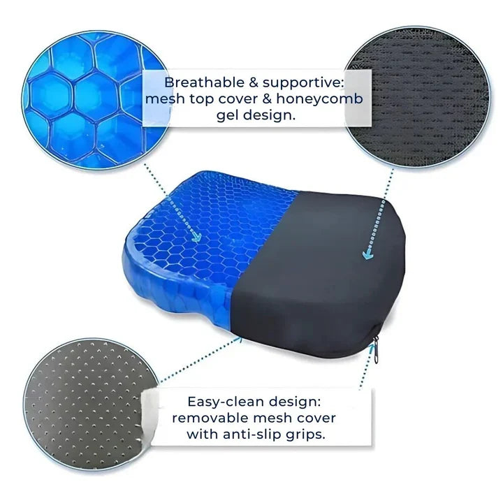 Pressure-relieving gel seat support for car, office, wheelchair. Reduces back & tailbone pain, promotes posture.