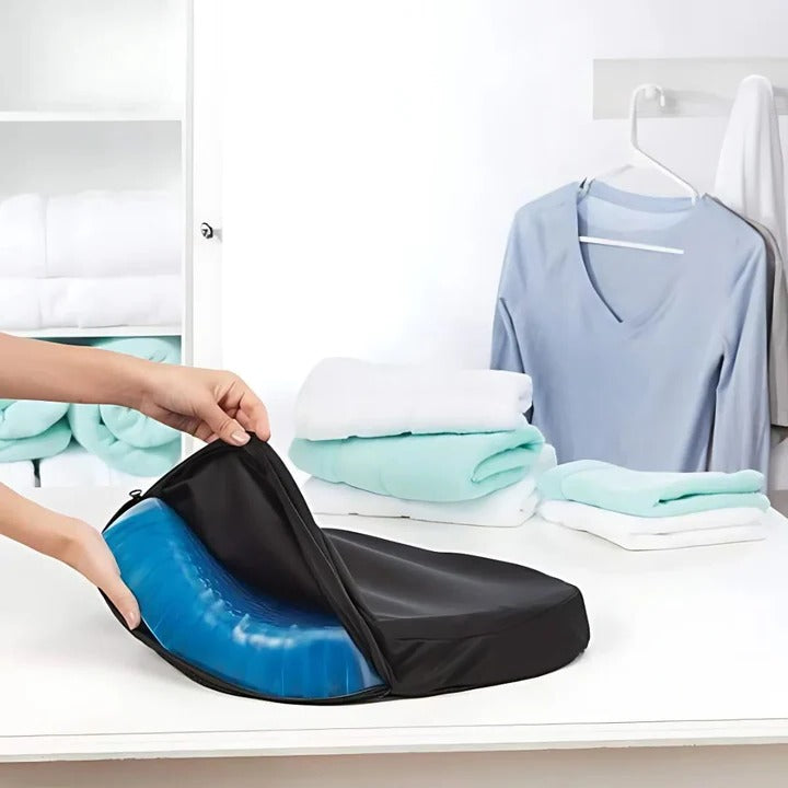 Cooling gel seat cushion for pressure relief, ergonomic back support, and pain reduction in office chairs.