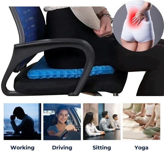 Versatile orthopedic gel cushion for tailbone, lower back pain relief in car, office, or wheelchair.