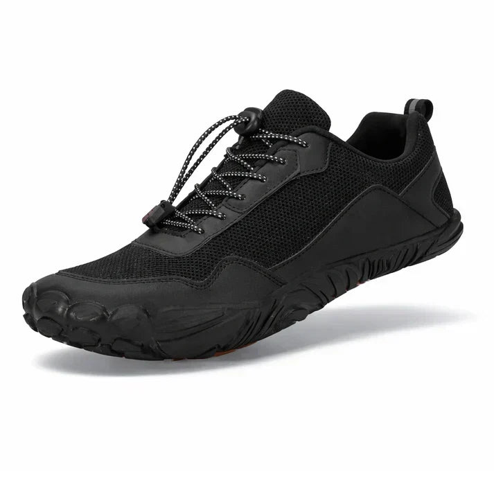 Unisex wide toe box trail trainers, non-slip, barefoot feel, and orthopedic design for active explorers.