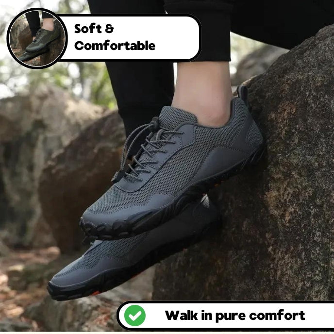 Non-slip orthopedic barefoot hiking trainers, unisex, wide toe box, perfect for stable outdoor adventure.