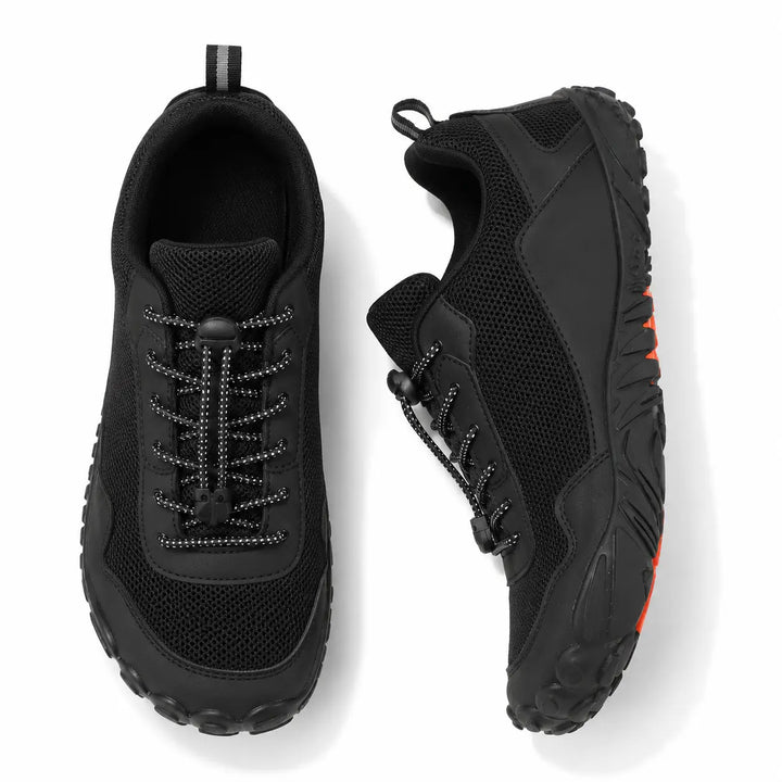 Orthopedic hiking shoes with flexible sole, wide toe box & non-slip grip, perfect for trail walking comfort.