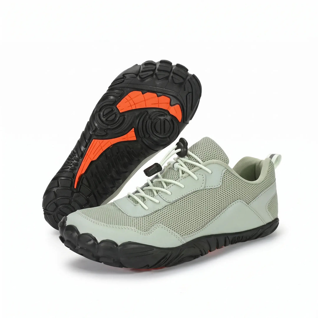 Flexible sole barefoot hiking trainers, unisex, wide toe box, non-slip for enhanced trail performance.