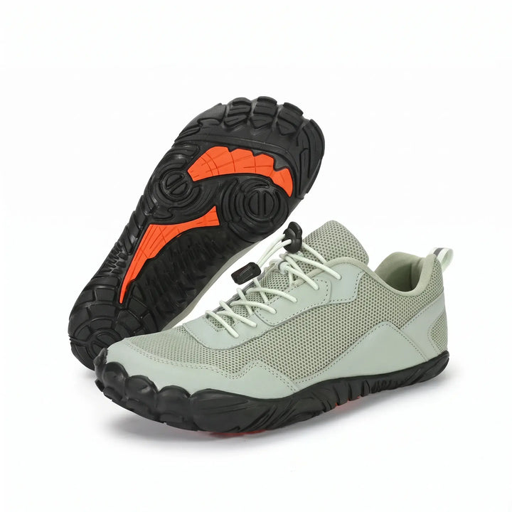 Flexible sole barefoot hiking trainers, unisex, wide toe box, non-slip for enhanced trail performance.