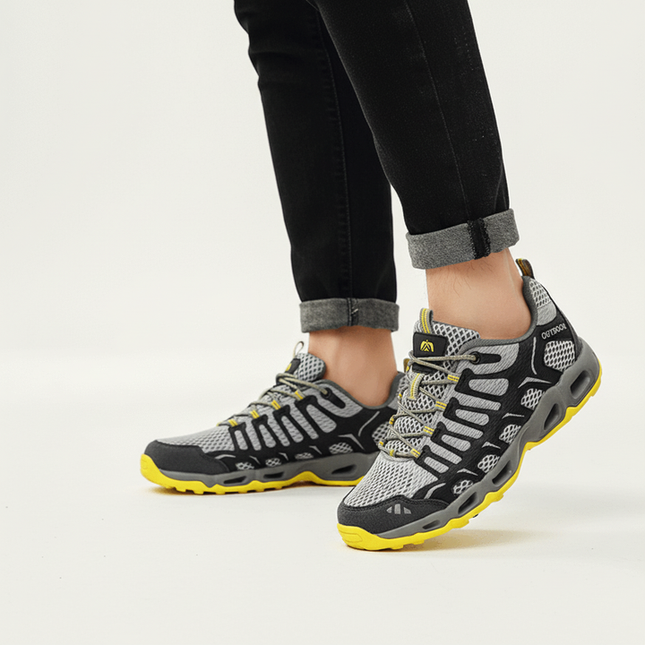 Pair of orthopedic walking shoes for daily wear, demonstrating a stylish design suitable for both men and women
