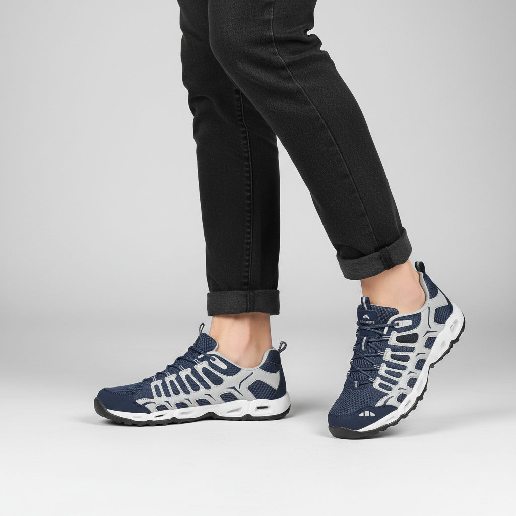 Unisex orthopedic walking shoes on an outdoor path, emphasizing their non-slip and durable features for active use