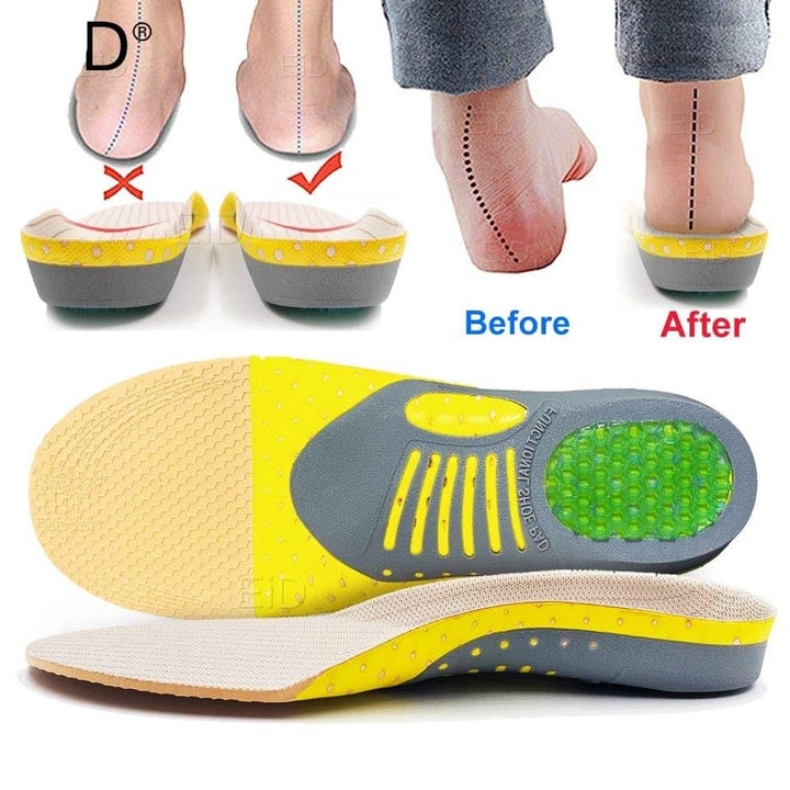 Unisex orthotic gel insoles for flat feet & plantar fasciitis. Premium arch support shoe inserts for pain relief.