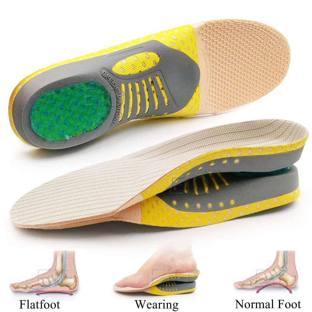 Shock-absorbing gel insoles provide comfort & support for flat feet. Orthopedic inserts relieve plantar fasciitis pain.