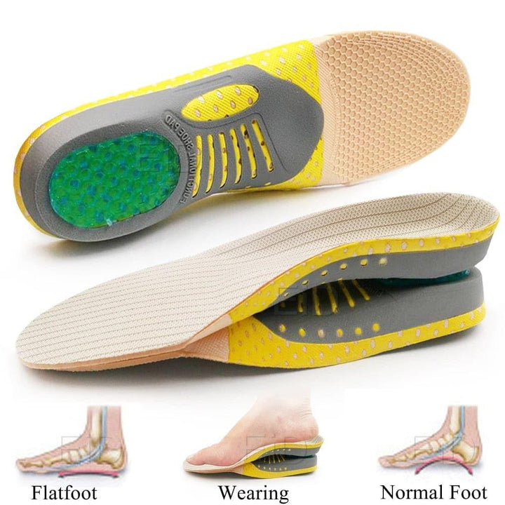 Shock-absorbing gel insoles provide comfort & support for flat feet. Orthopedic inserts relieve plantar fasciitis pain.