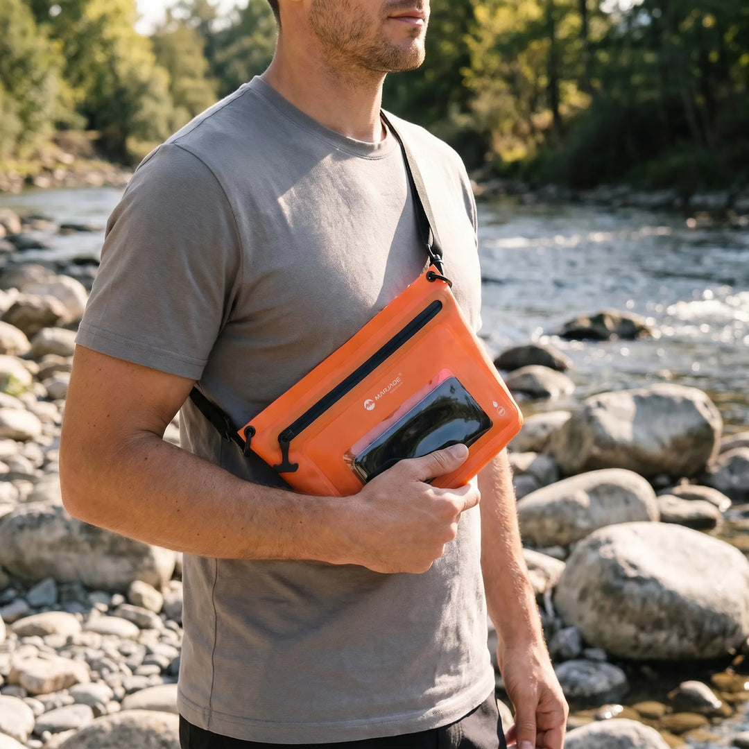 Unisex outdoor crossbody bag with waterproof touchscreen phone window for hiking, travel & trekking.