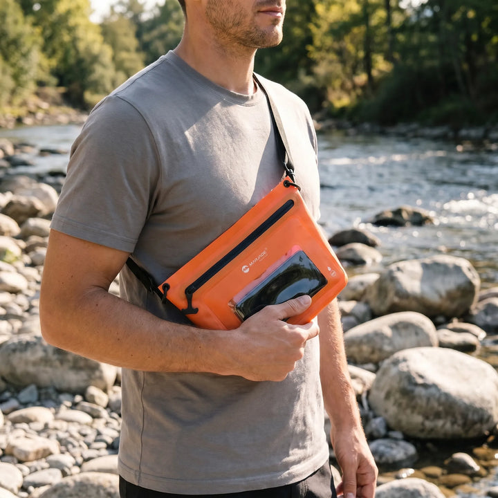 Unisex outdoor crossbody bag with waterproof touchscreen phone window for hiking, travel & trekking.