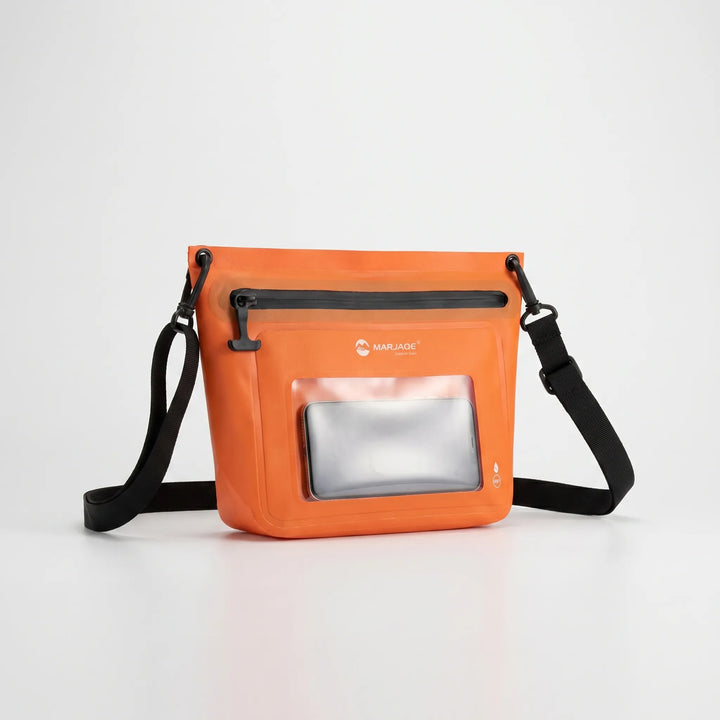Waterproof dry bag crossbody with clear touchscreen phone window, ideal for river trekking & outdoors.