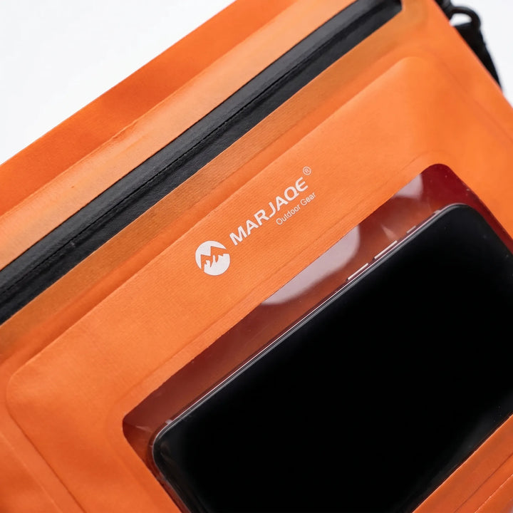 Hands-free unisex shoulder bag with transparent touchscreen phone window, perfect for outdoor activities.