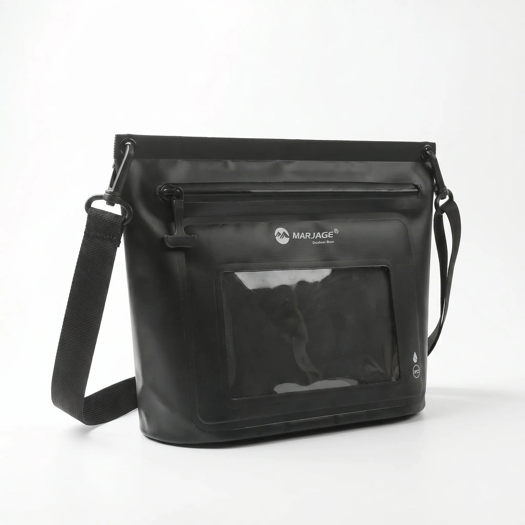 Outdoor dry bag with convenient touchscreen phone access, a must-have travel & hiking accessory.