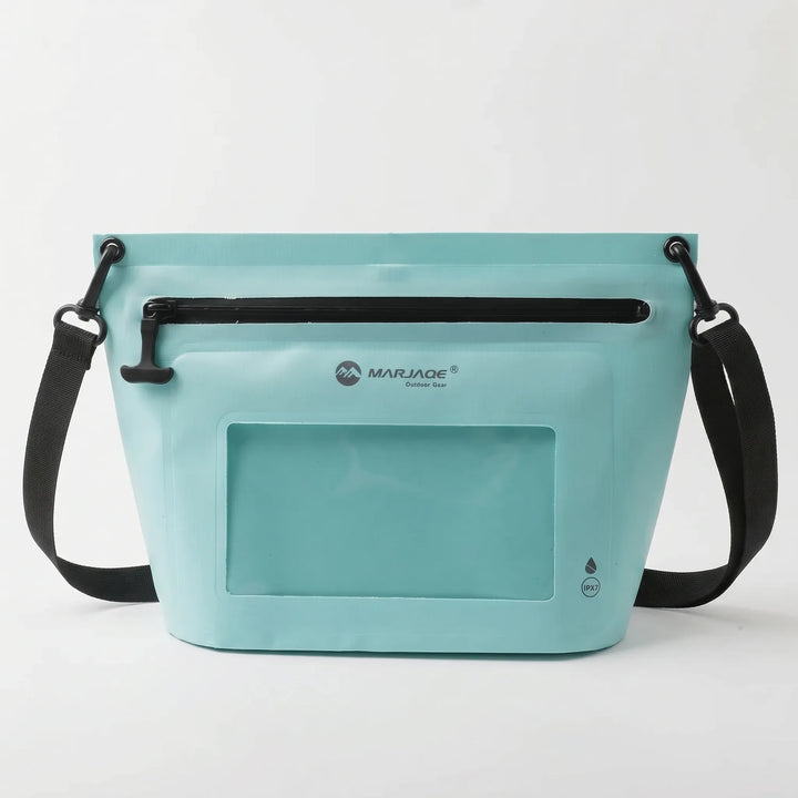 Compact waterproof crossbody shoulder bag with secure touchscreen phone window for essential travel gear.