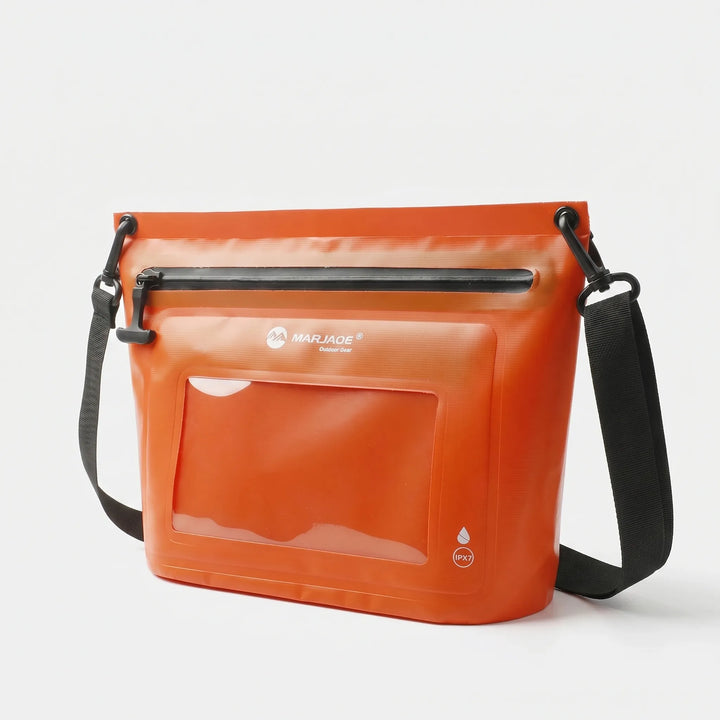 Adventure-ready unisex crossbody dry bag with clear touchscreen phone window for hiking & trekking.