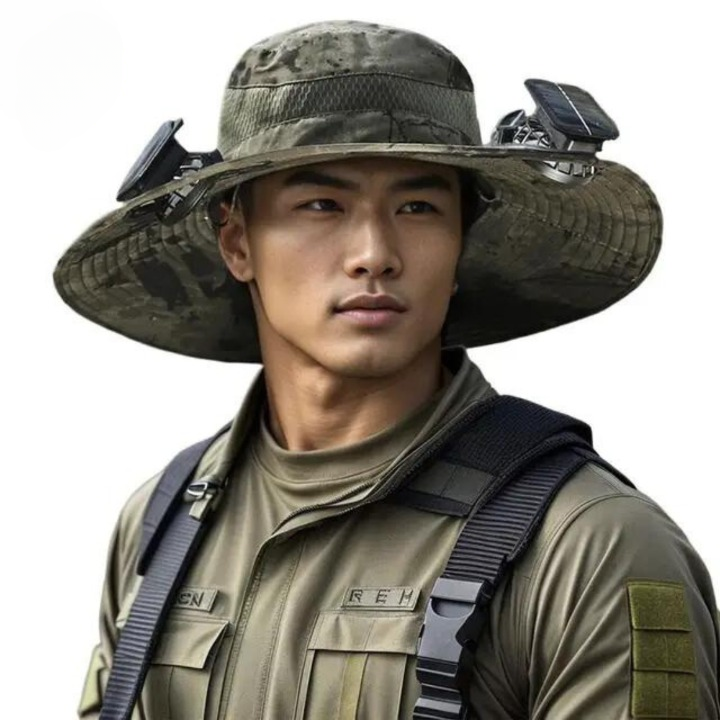 Back view of a unisex cooling hat with solar fan, showing adjustable strap, great for outdoor gear