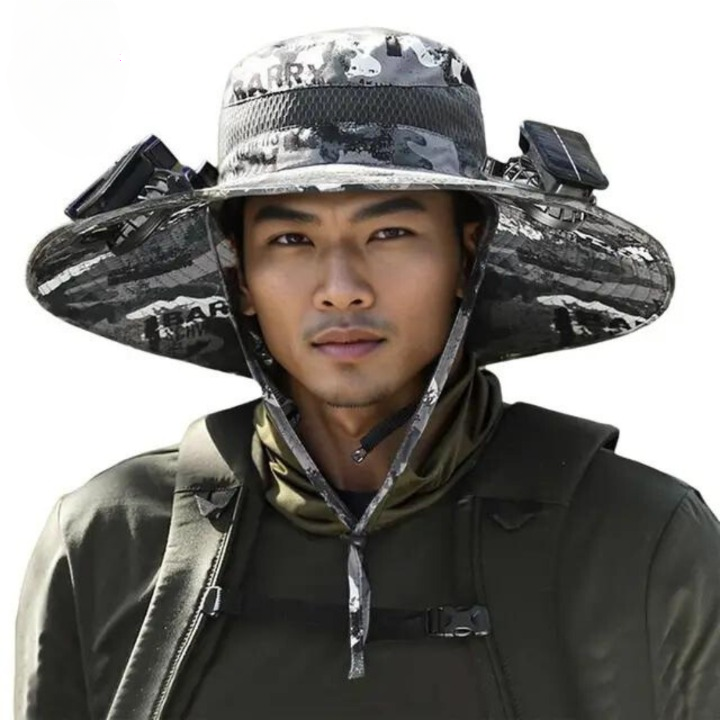 Unisex wide-brimmed sun hat with integrated solar fan, essential for fishing and hot weather